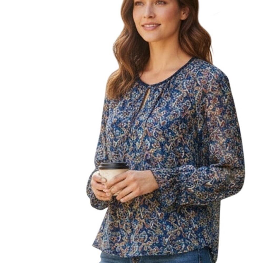 Daniel Rainn Blue Paisley Keyhole Blouse Womens Medium Long Sleeve Career Top